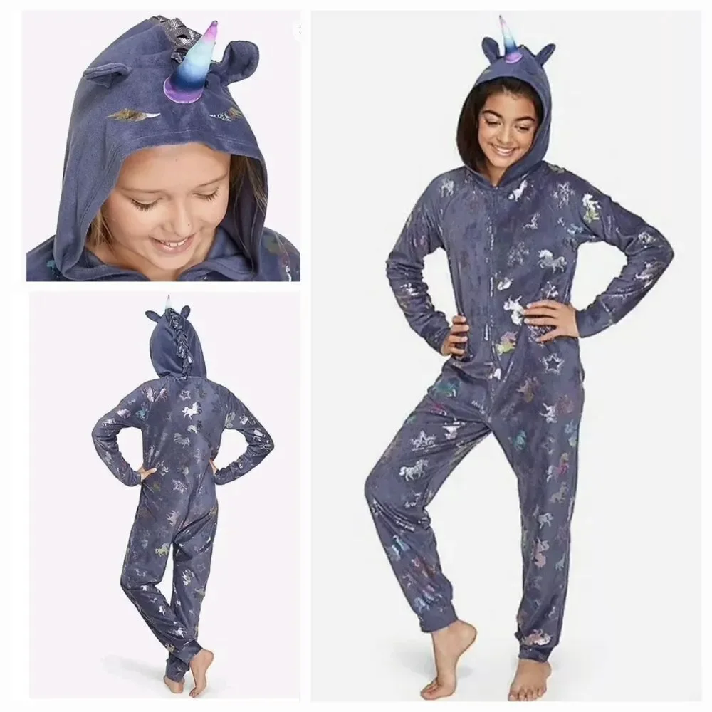 Justice Unicorn Hooded Onesie Girls 12 Navy Fleece Union Suit Footless Pajamas